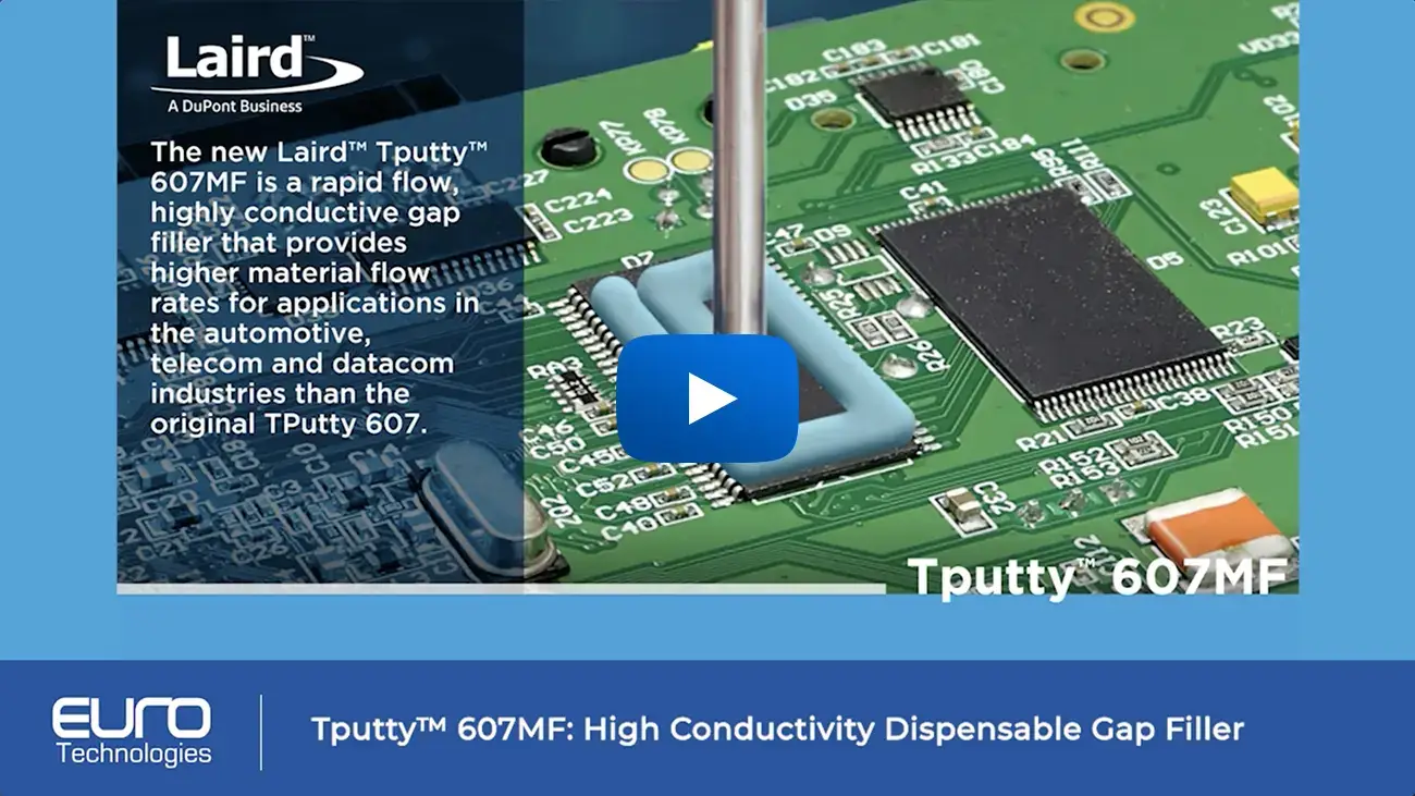 Video thumbnail showing automated dispensing of Tputty 607MF thermal gap filler via robotic nozzle.
