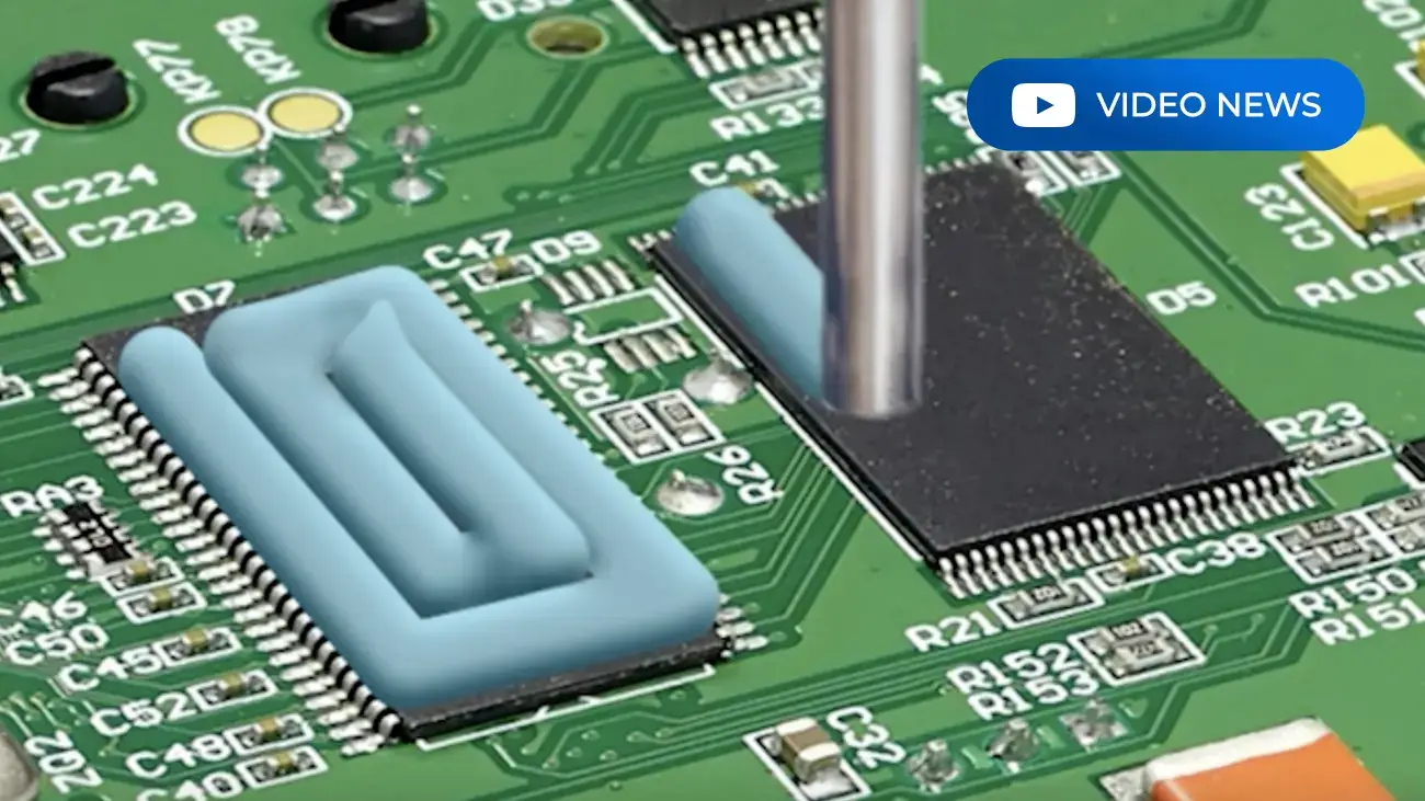 Automated dispensing of Tputty 607MF blue liquid thermal gap filler on an electronic component via robotic nozzle.