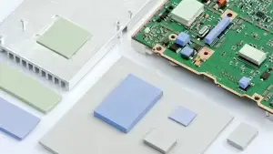 Laird thermal gap filler being applied between a PCB component and a heatsink for heat dissipation.