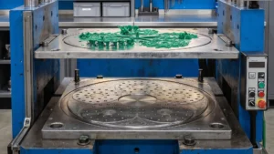 Precision molded EMI gaskets and thermal components created via injection and compression molding.
