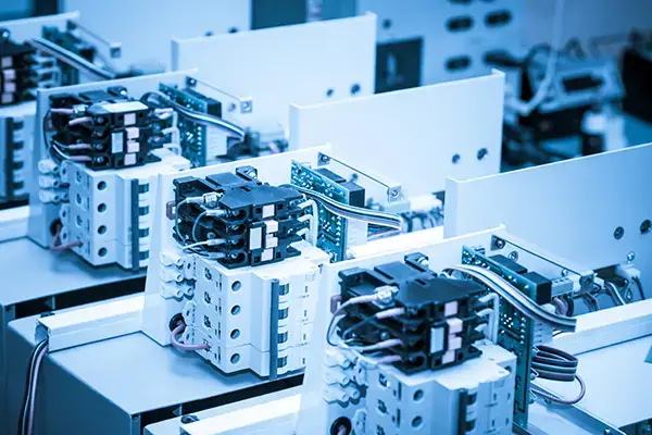 A neat row of industrial circuit breakers and switches installed inside an electrical control cabinet.