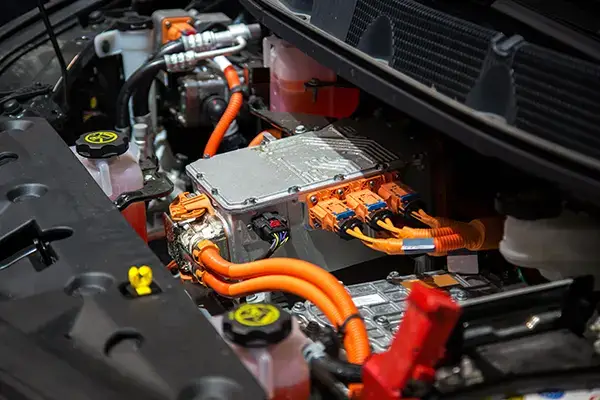 Detailed interior view of electronic circuitry and power components inside an electric vehicle ECU.