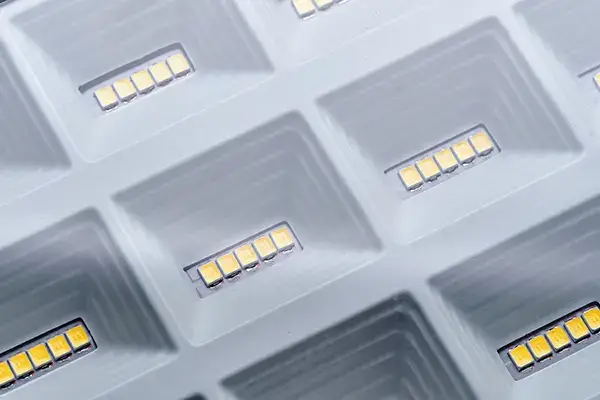 Detailed close-up view of a high-brightness LED series mounted on a circuit board for industrial lighting.