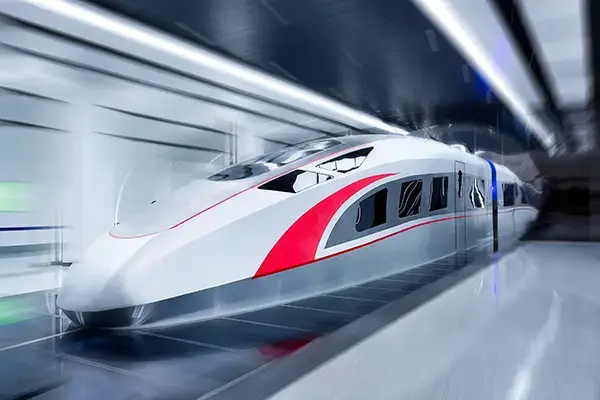 Modern aerodynamic high-speed train traveling along railway tracks.