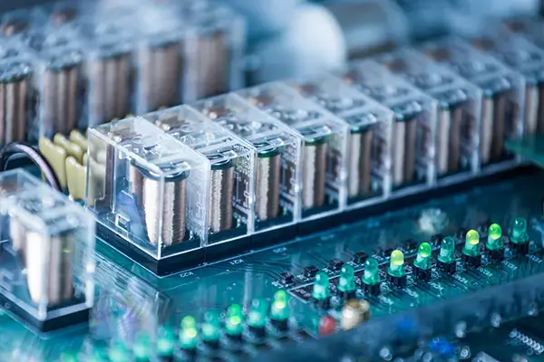 Detailed close-up view of electronic components and microchips soldered onto an industrial printed circuit board.