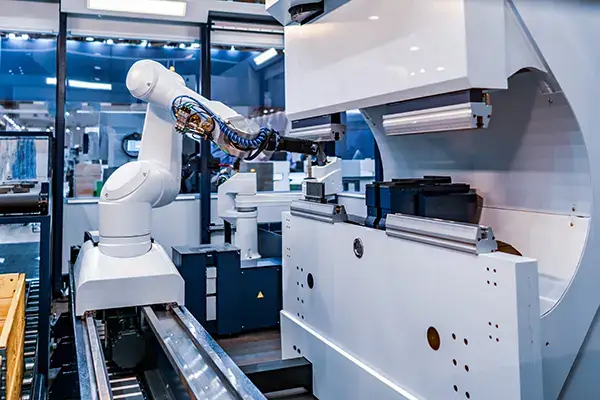 High-precision robotic arm performing detailed electronic assembly on an automated production line.